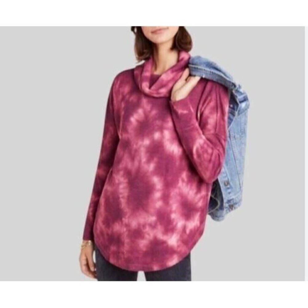 Anthropologie Maeve Top Womens Medium Berry Ainsley Thermal Tie Dye Cowl Neck